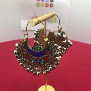 Blue Kuchi Bali Earrings: Antique Silver Bells, Tribal Hoop Jewelry